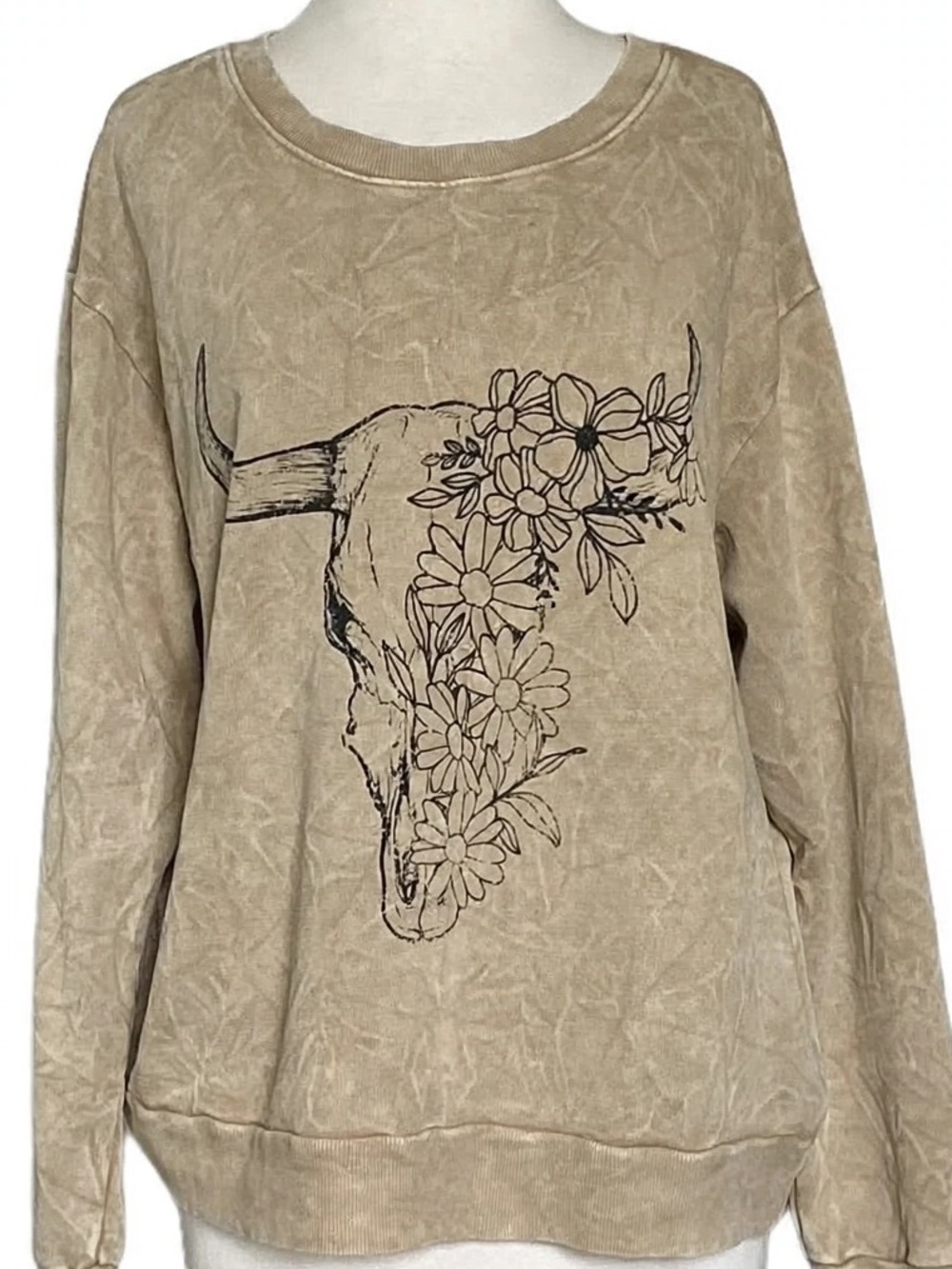 Zutter USA western sweatshirt M beige bull skull floral acid Wash